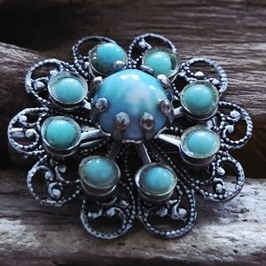 Vintage Turquoise Color Lucite Cabochon Floral Filigree Style Silver TonecBrooch
